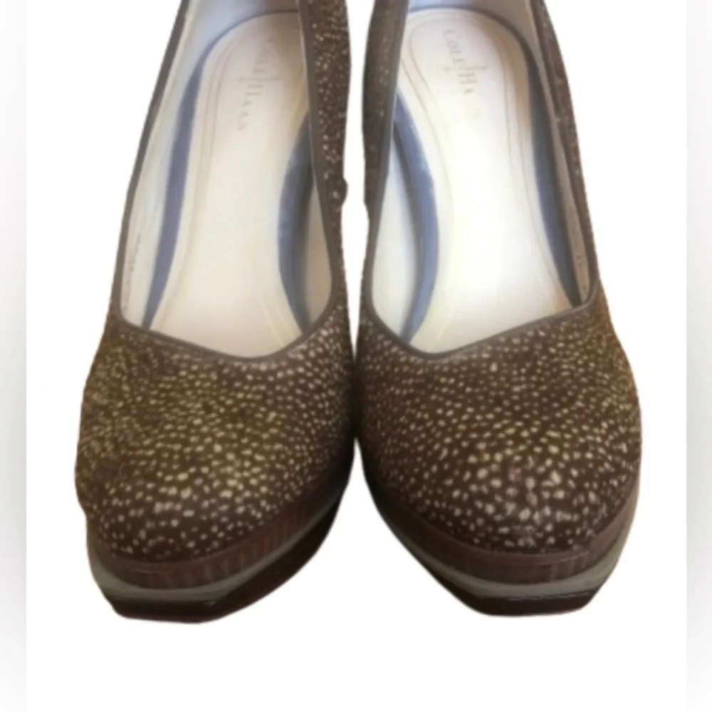 Cole Haan leoprd prnt pony hair dble platform 4.5” patent heels SZ 6.5 Mobwife - Picture 6 of 10